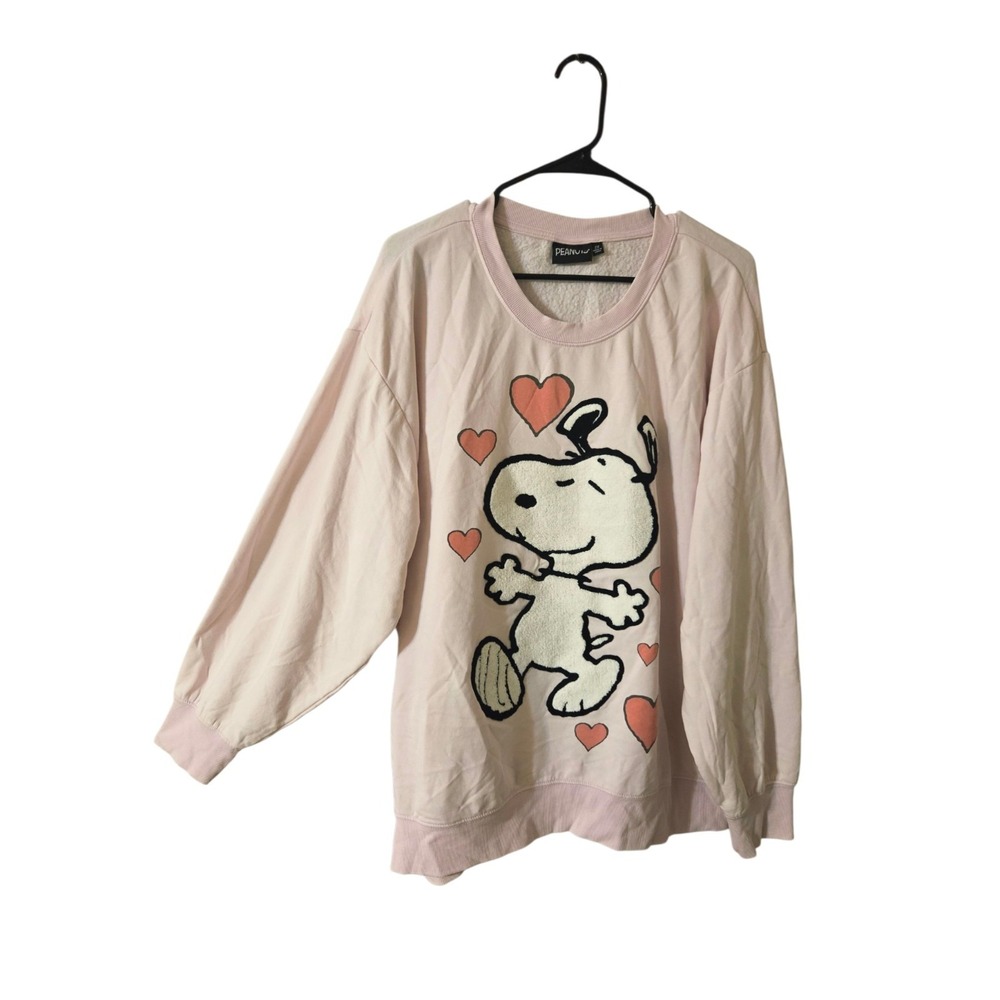 Peanuts Snoopy Pink Hearts Flocked Slouchy Relaxed Pullover Sweatshirt 2X NWOT